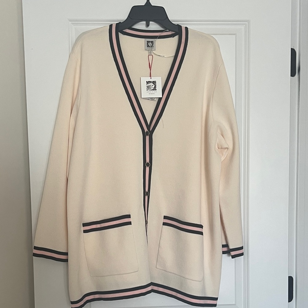 Anne Klein Cream Cardigan with Black and Pink Trim